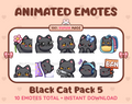 Black Cat animated Twitch emote pack featuring 10 emotes including flower, cool, plead, and lurk.