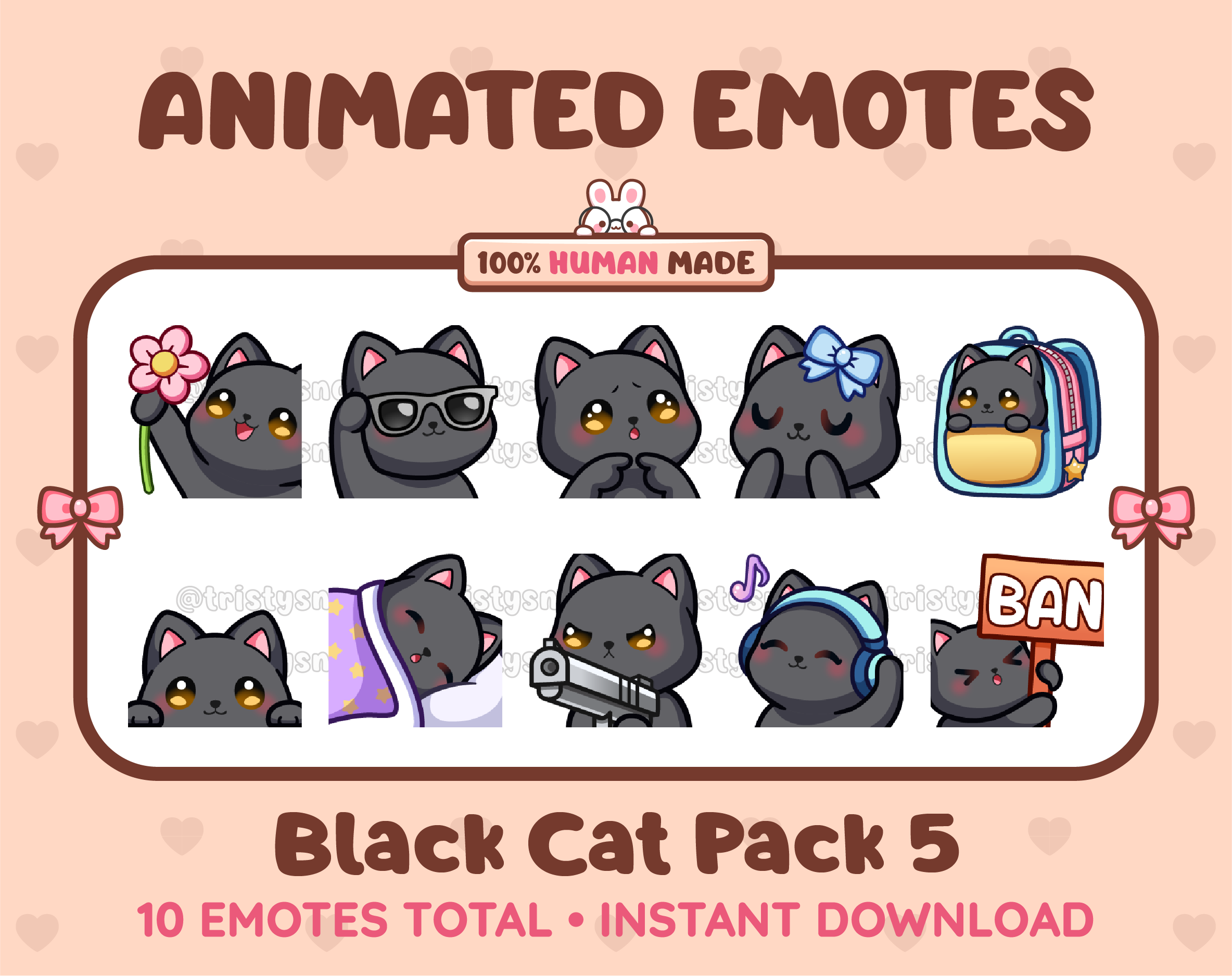 Black Cat animated Twitch emote pack featuring 10 emotes including flower, cool, plead, and lurk.