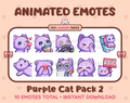 Purple Cat animated Twitch emote pack featuring 10 emotes including kiss, facepalm, shy, and raid.