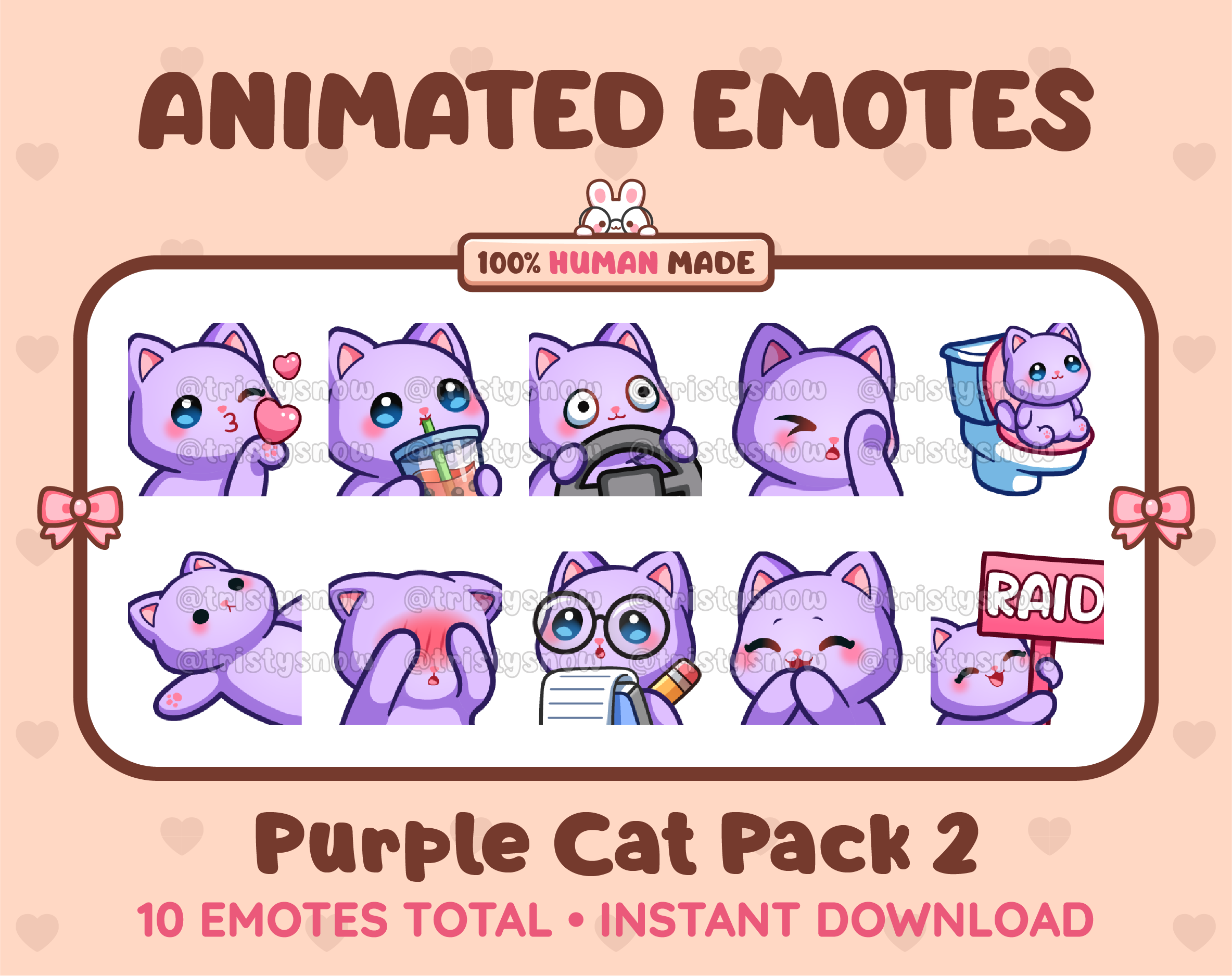 Purple Cat animated Twitch emote pack featuring 10 emotes including kiss, facepalm, shy, and raid.