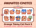 Orange Tabby Cat animated Twitch emote pack featuring 10 emotes including hug, scared, bonk, and popcorn.