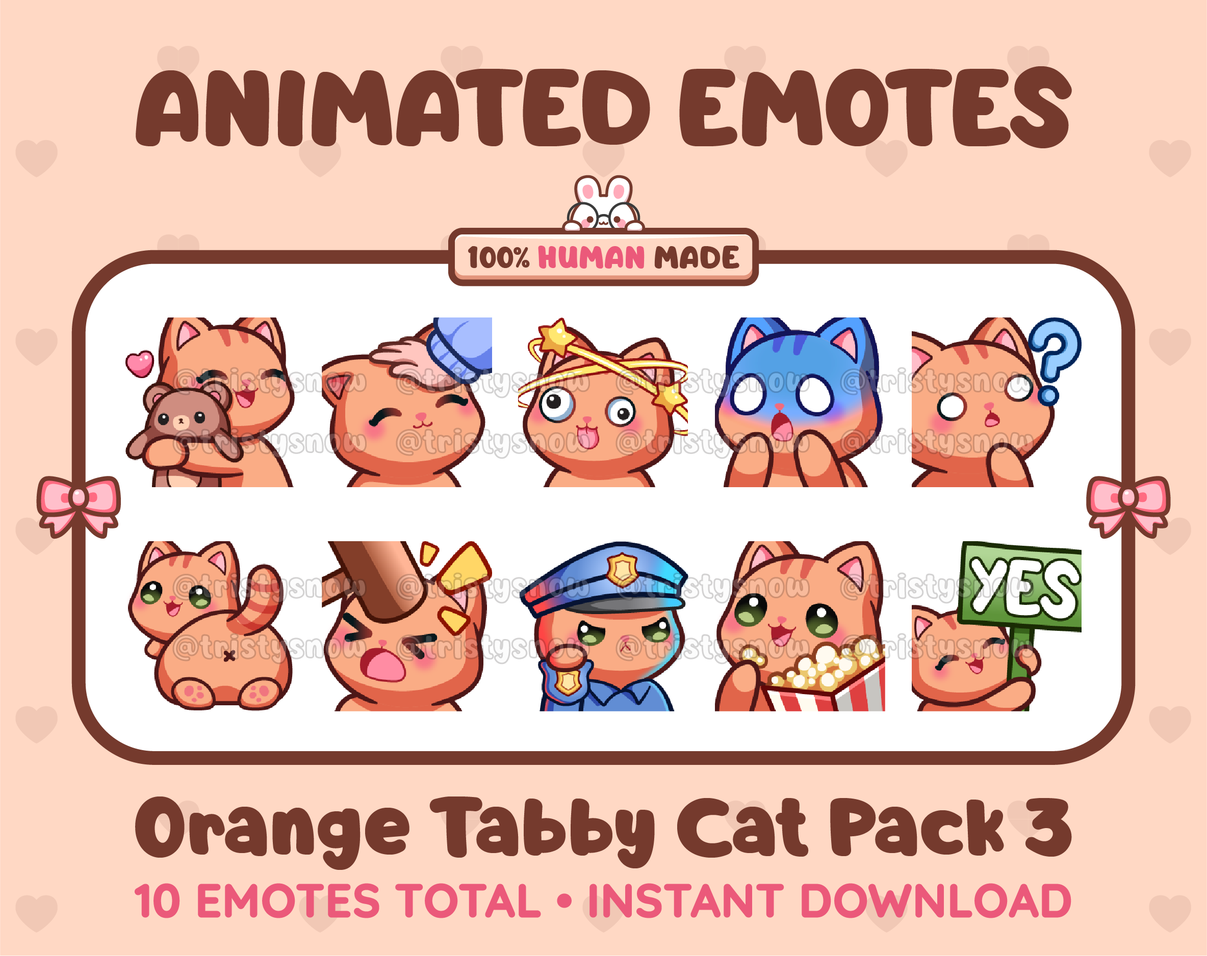 Orange Tabby Cat animated Twitch emote pack featuring 10 emotes including hug, scared, bonk, and popcorn.