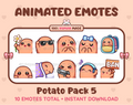 Potato animated Twitch emote pack featuring 10 emotes including flower, cool, plead, and lurk.