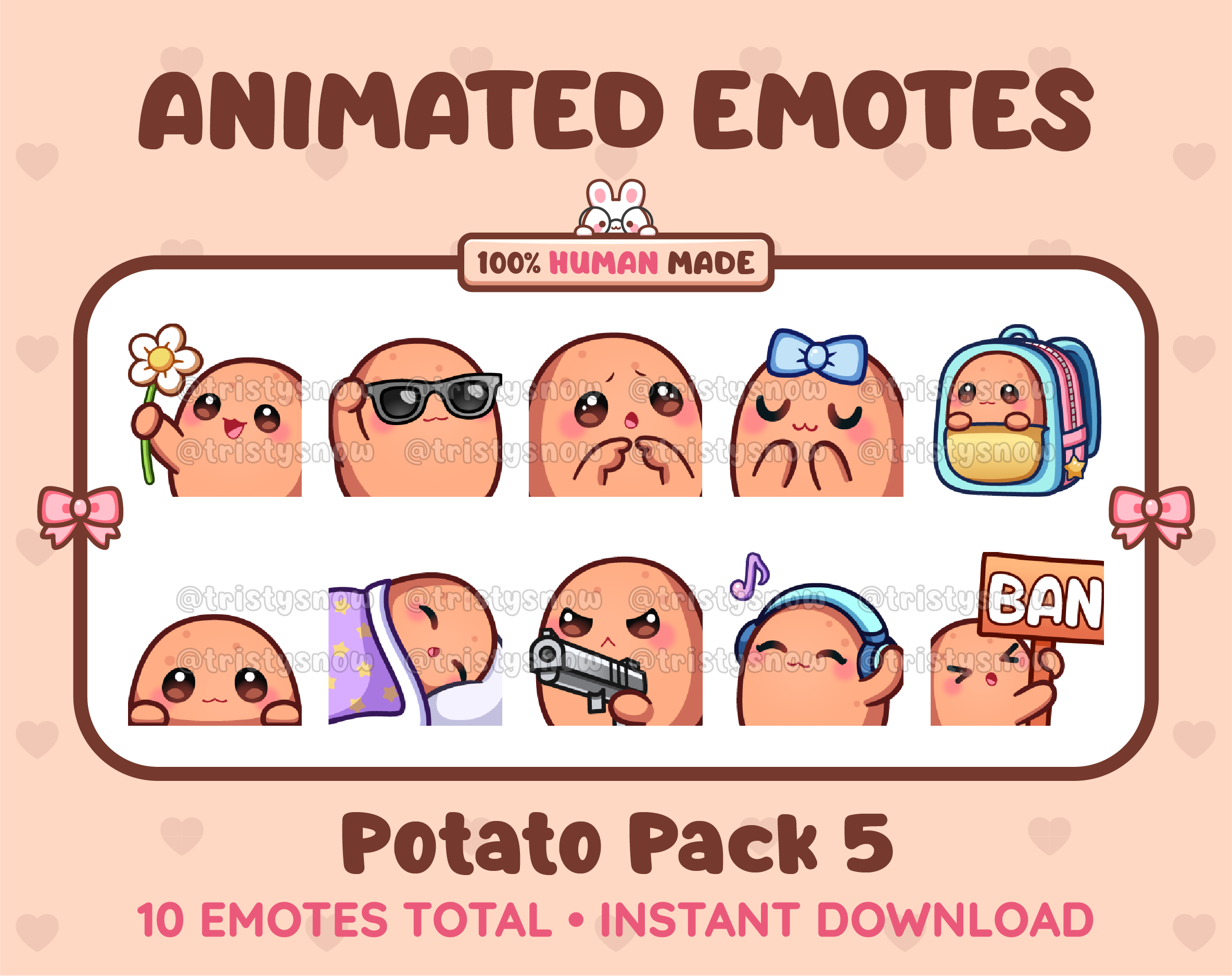 Potato animated Twitch emote pack featuring 10 emotes including flower, cool, plead, and lurk.