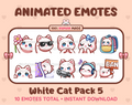 White Cat animated Twitch emote pack featuring 10 emotes including flower, cool, plead, and lurk.