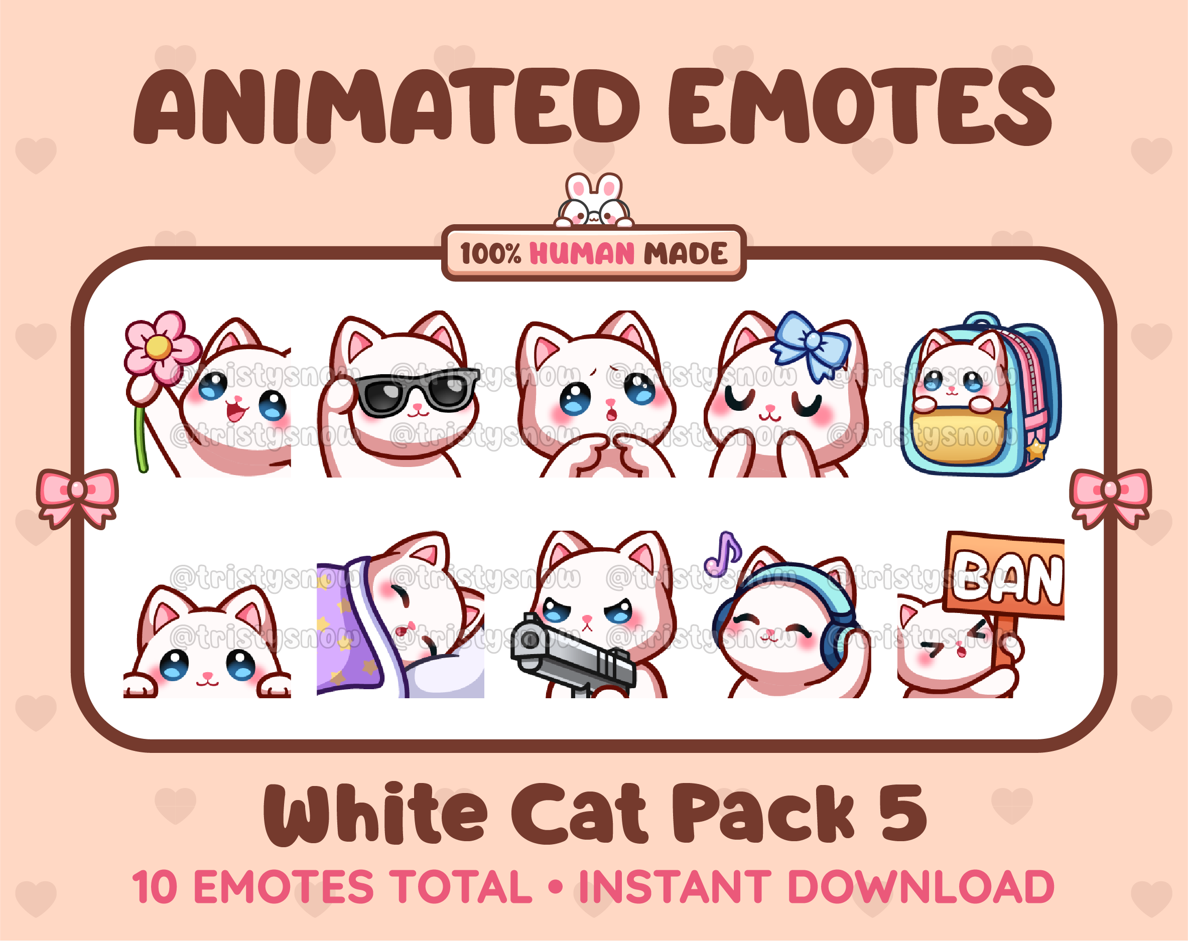 White Cat animated Twitch emote pack featuring 10 emotes including flower, cool, plead, and lurk.