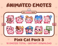 Pink Cat animated Twitch emote pack featuring 10 emotes including hug, scared, bonk, and popcorn.