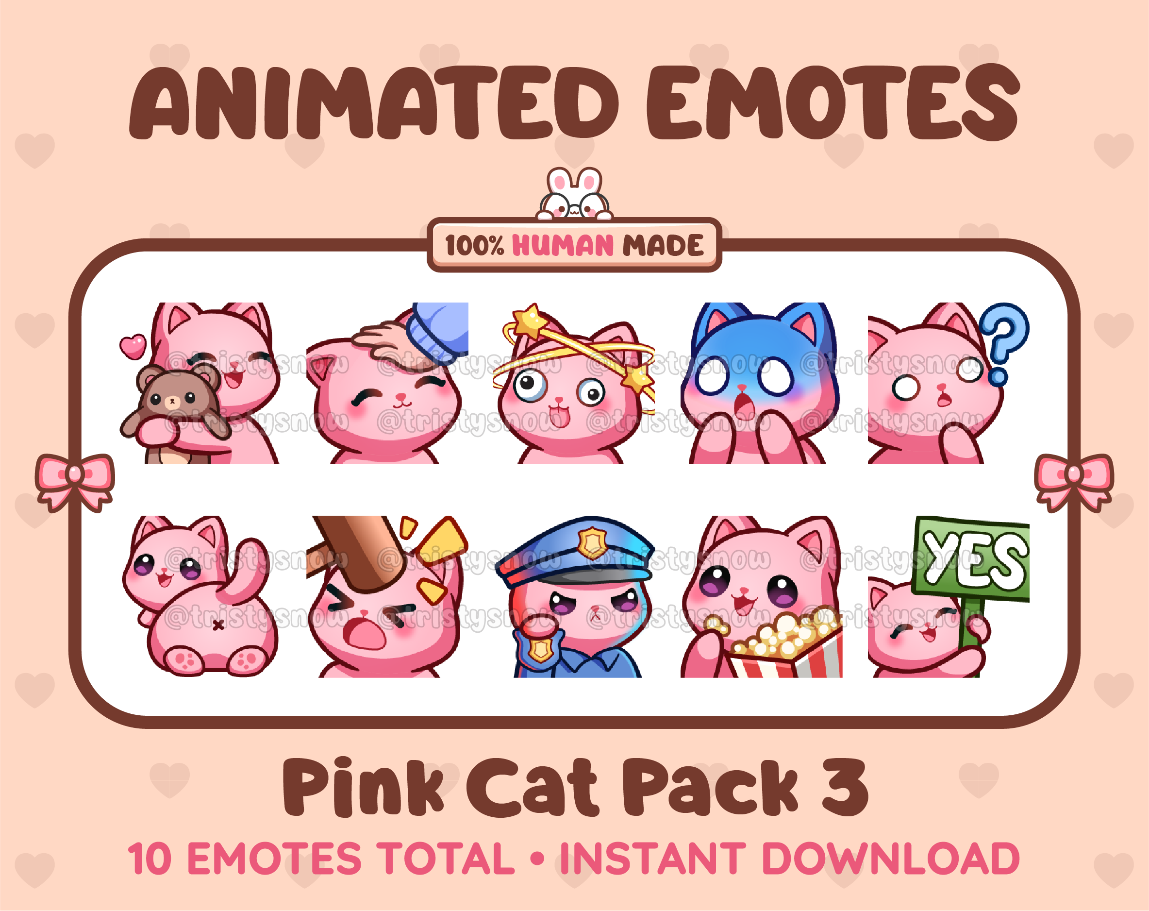 Pink Cat animated Twitch emote pack featuring 10 emotes including hug, scared, bonk, and popcorn.