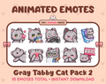 Gray Tabby Cat animated Twitch emote pack featuring 10 emotes including kiss, facepalm, shy, and raid.