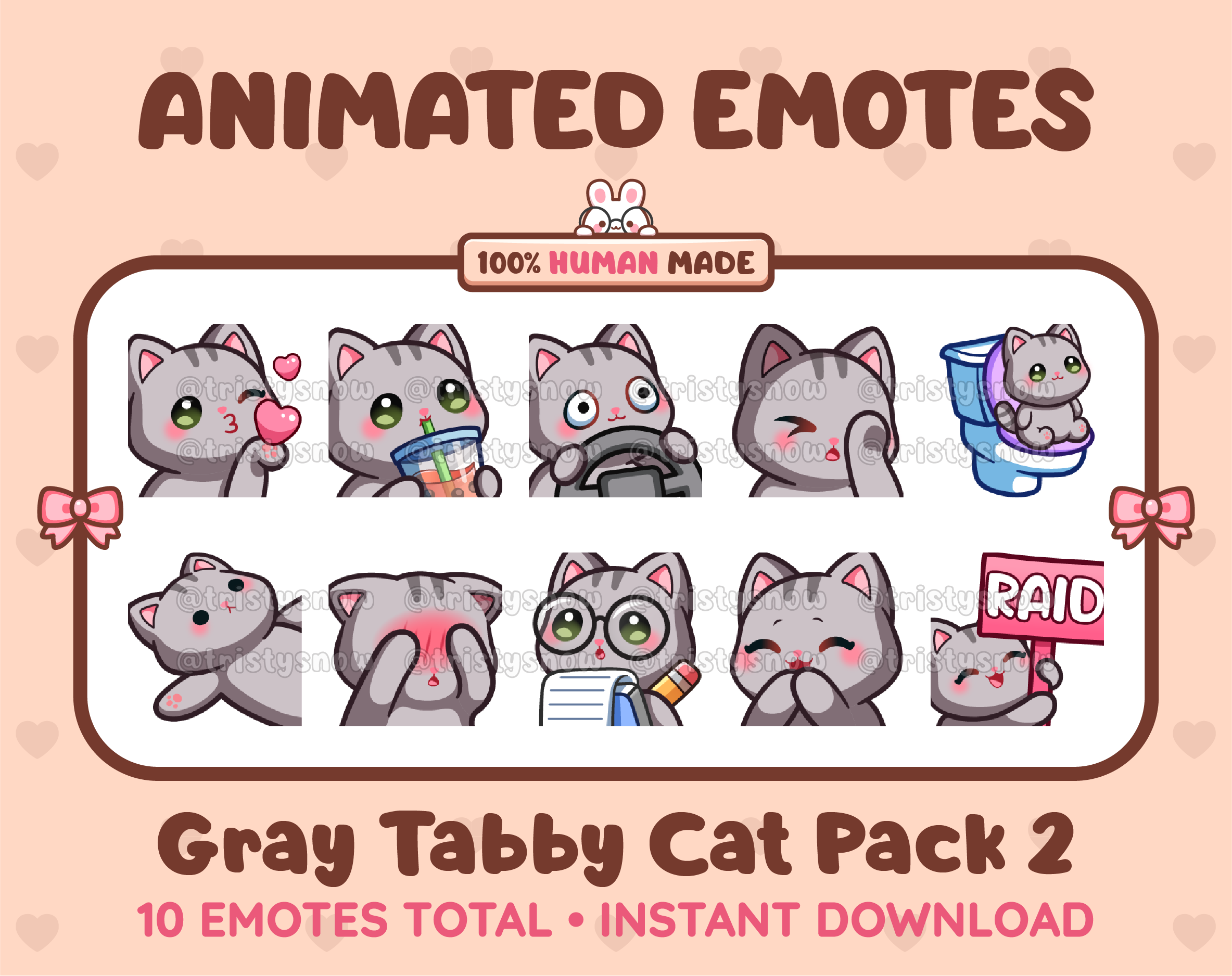 Gray Tabby Cat animated Twitch emote pack featuring 10 emotes including kiss, facepalm, shy, and raid.