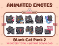 Black Cat animated Twitch emote pack featuring 10 emotes including kiss, facepalm, shy, and raid.