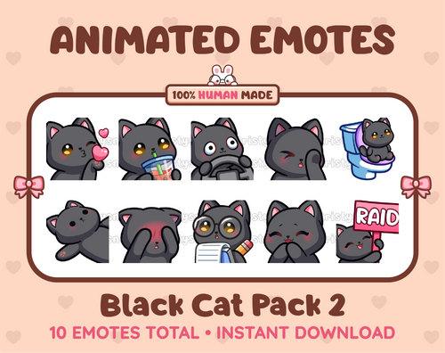 Black Cat animated Twitch emote pack featuring 10 emotes including kiss, facepalm, shy, and raid.