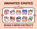 Brown & White Cat animated Twitch emote pack featuring 10 emotes including hug, scared, bonk, and popcorn.