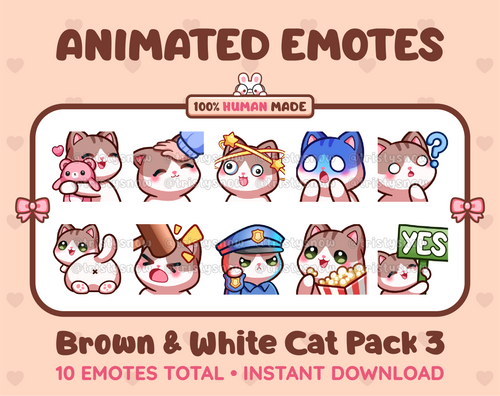 Brown & White Cat animated Twitch emote pack featuring 10 emotes including hug, scared, bonk, and popcorn.