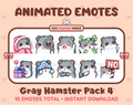 Gray Hamster animated Twitch emote pack featuring 10 emotes including cozy, sus, panic, and shrug.