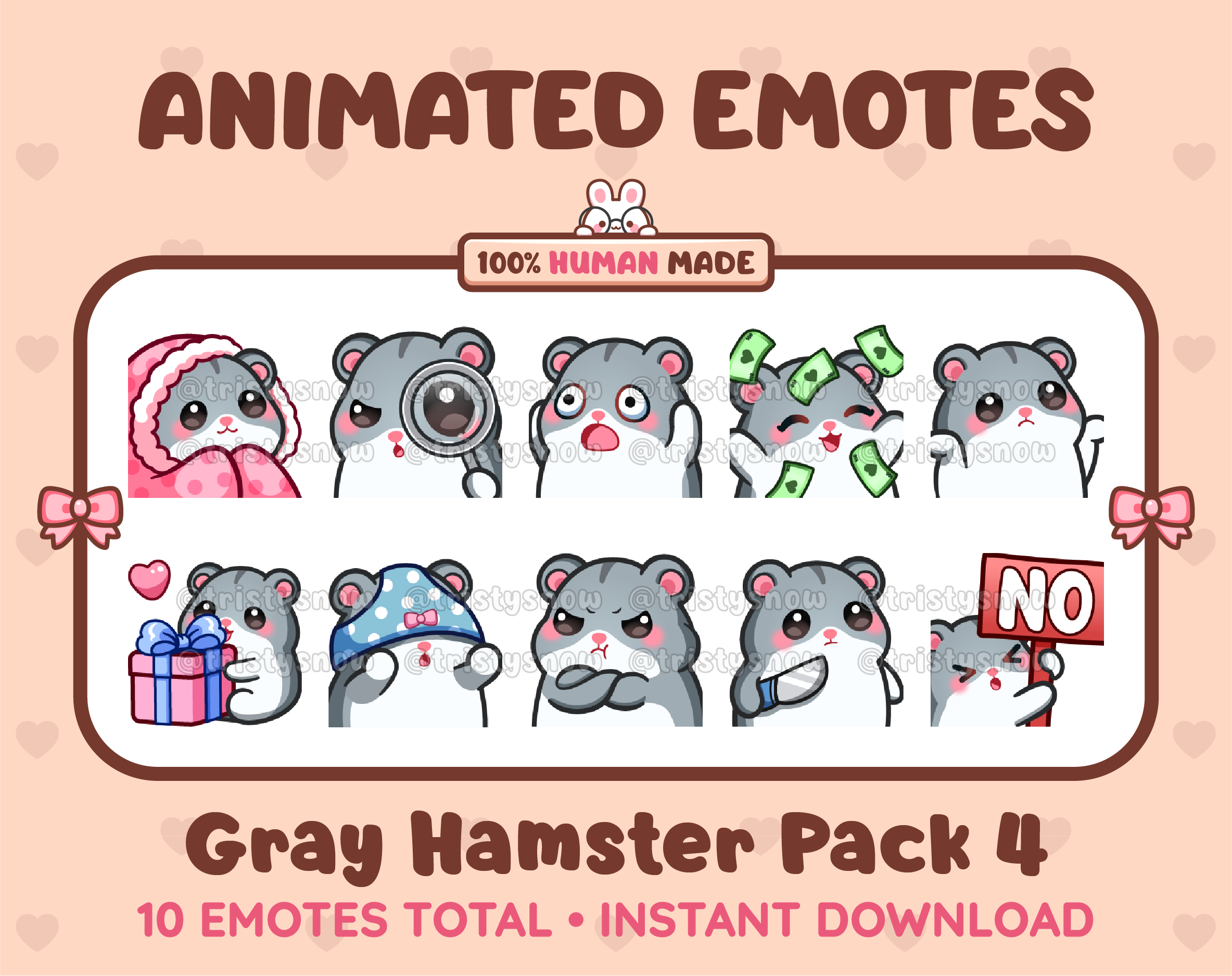 Gray Hamster animated Twitch emote pack featuring 10 emotes including cozy, sus, panic, and shrug.