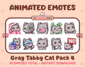 Gray Tabby Cat animated Twitch emote pack featuring 10 emotes including cozy, sus, panic, and shrug.