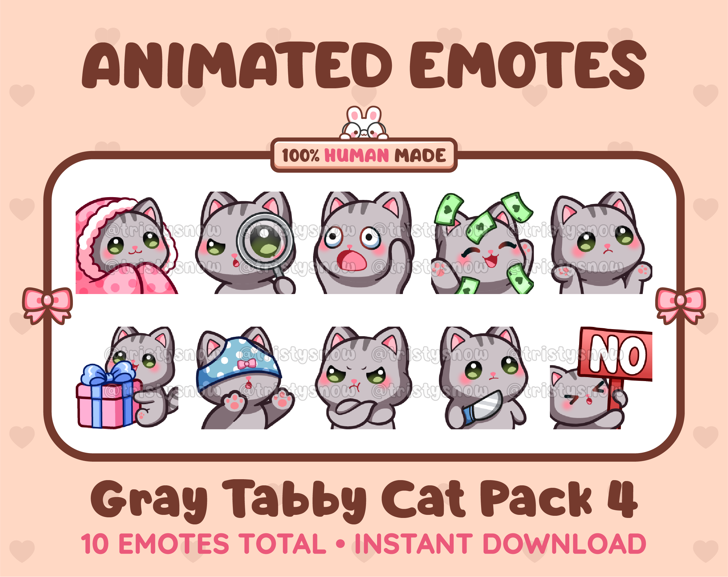 Gray Tabby Cat animated Twitch emote pack featuring 10 emotes including cozy, sus, panic, and shrug.