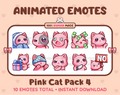 Pink Cat animated Twitch emote pack featuring 10 emotes including cozy, sus, panic, and shrug.
