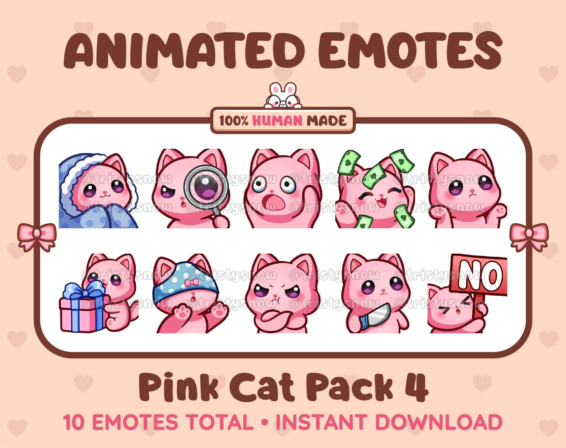Pink Cat animated Twitch emote pack featuring 10 emotes including cozy, sus, panic, and shrug.