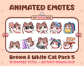 Brown & White Cat animated Twitch emote pack featuring 10 emotes including flower, cool, plead, and lurk.
