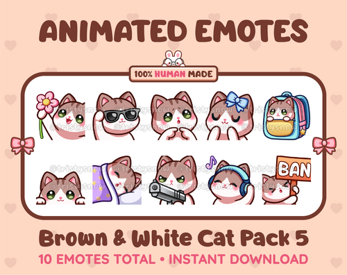 Brown & White Cat animated Twitch emote pack featuring 10 emotes including flower, cool, plead, and lurk.