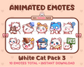 White Cat animated Twitch emote pack featuring 10 emotes including hug, scared, bonk, and popcorn.