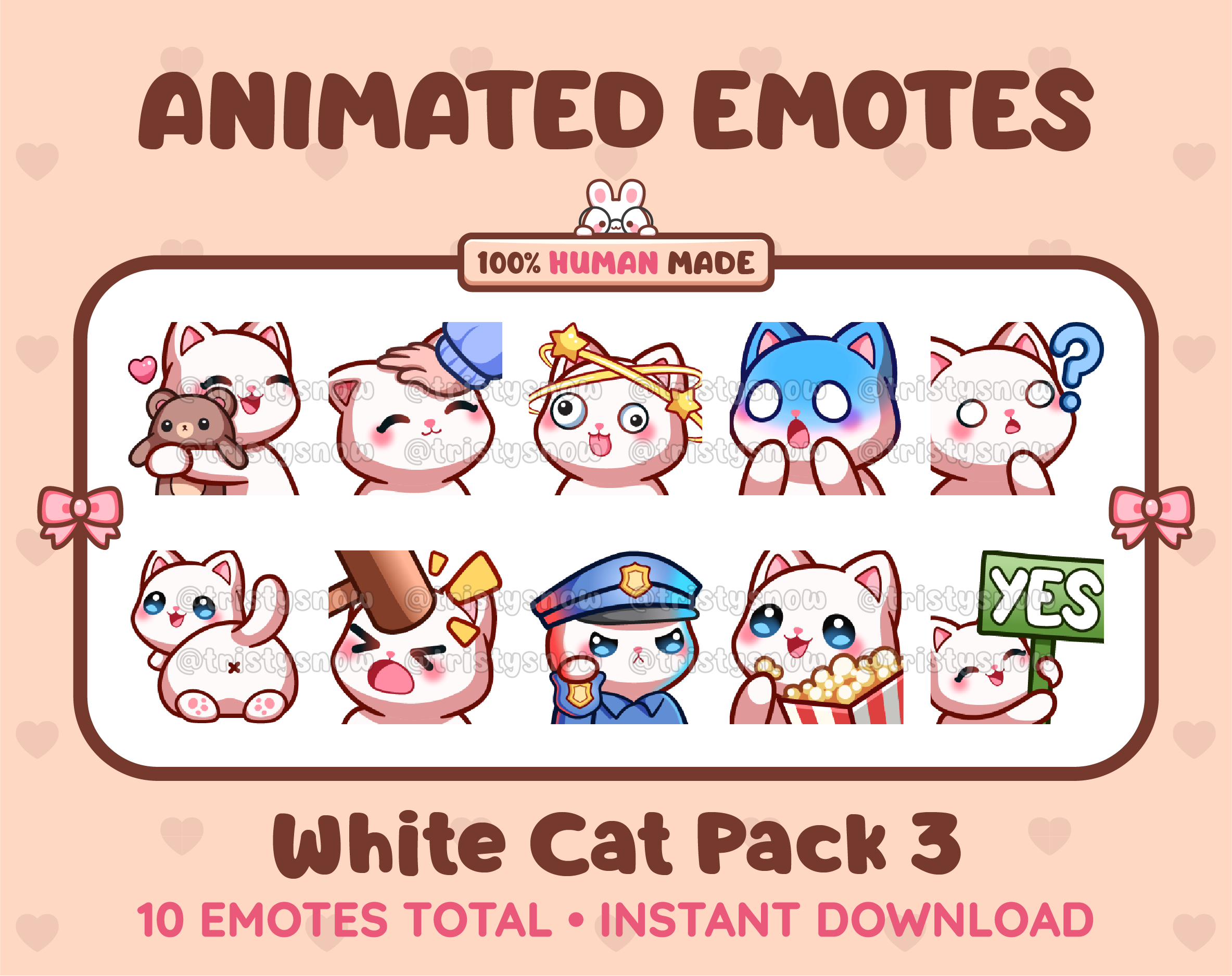 White Cat animated Twitch emote pack featuring 10 emotes including hug, scared, bonk, and popcorn.