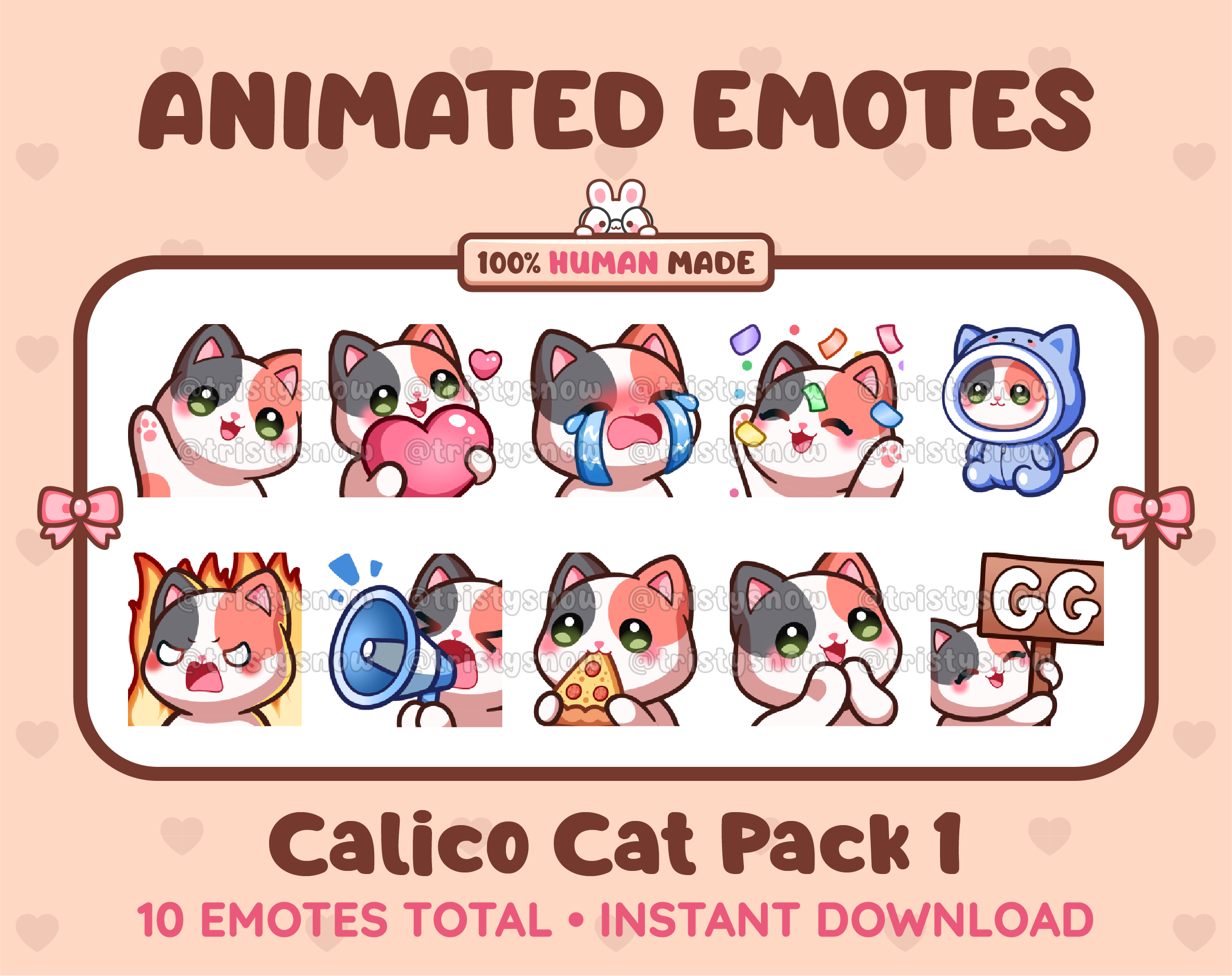 Calico Cat animated Twitch emote pack featuring 10 emotes including GG, angry, cry, and hype.