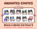 Black & White Cat animated Twitch emote pack featuring 10 emotes including cozy, sus, panic, and shrug.
