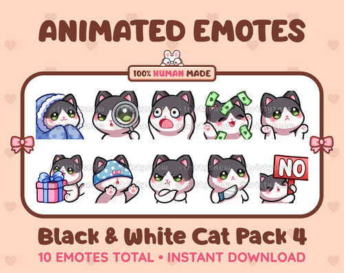 Black & White Cat animated Twitch emote pack featuring 10 emotes including cozy, sus, panic, and shrug.