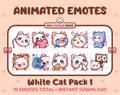 White Cat animated Twitch emote pack featuring 10 emotes including GG, angry, cry, and hype.