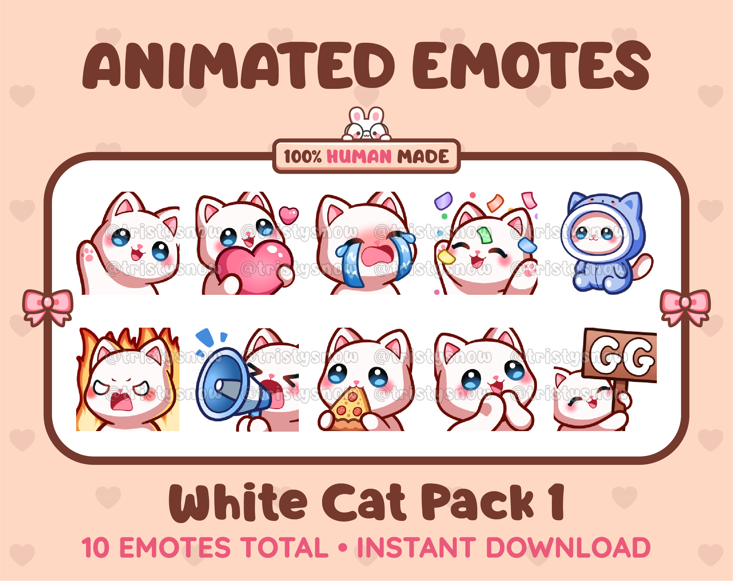 White Cat animated Twitch emote pack featuring 10 emotes including GG, angry, cry, and hype.