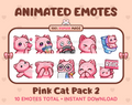 Pink Cat animated Twitch emote pack featuring 10 emotes including kiss, facepalm, shy, and raid.