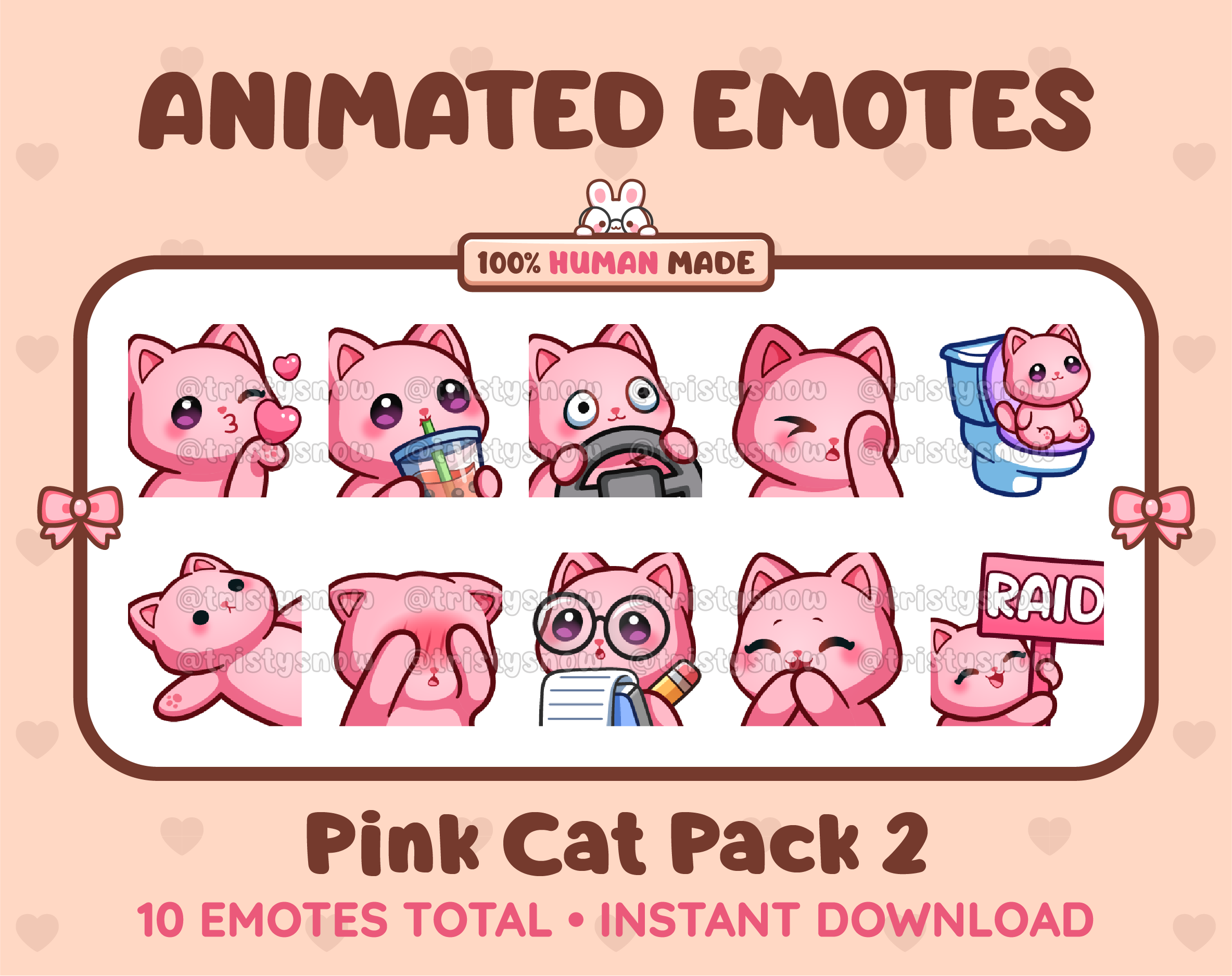 Pink Cat animated Twitch emote pack featuring 10 emotes including kiss, facepalm, shy, and raid.