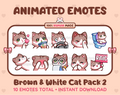Brown & White Cat animated Twitch emote pack featuring 10 emotes including kiss, facepalm, shy, and raid.