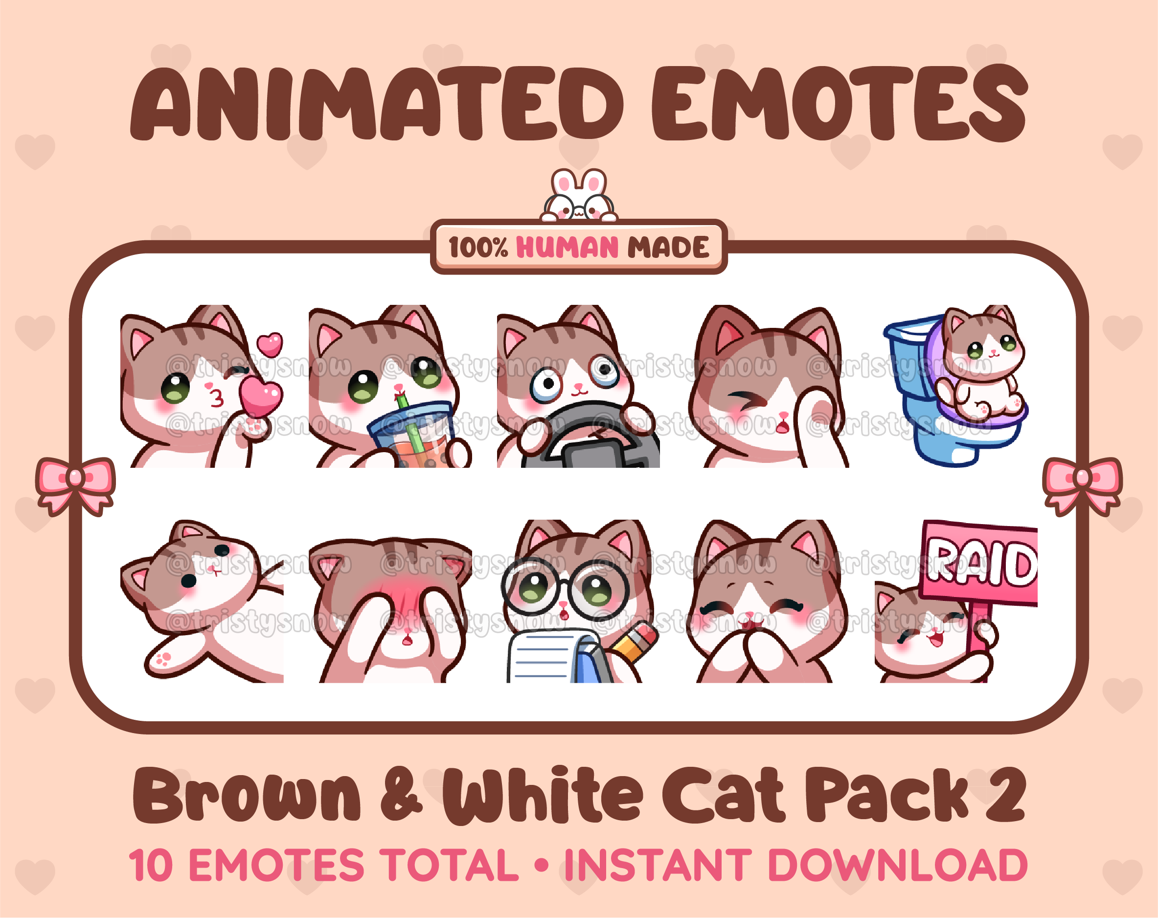 Brown & White Cat animated Twitch emote pack featuring 10 emotes including kiss, facepalm, shy, and raid.