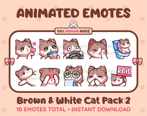 Brown & White Cat animated Twitch emote pack featuring 10 emotes including kiss, facepalm, shy, and raid.