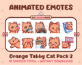 Orange Tabby Cat animated Twitch emote pack featuring 10 emotes including kiss, facepalm, shy, and raid.