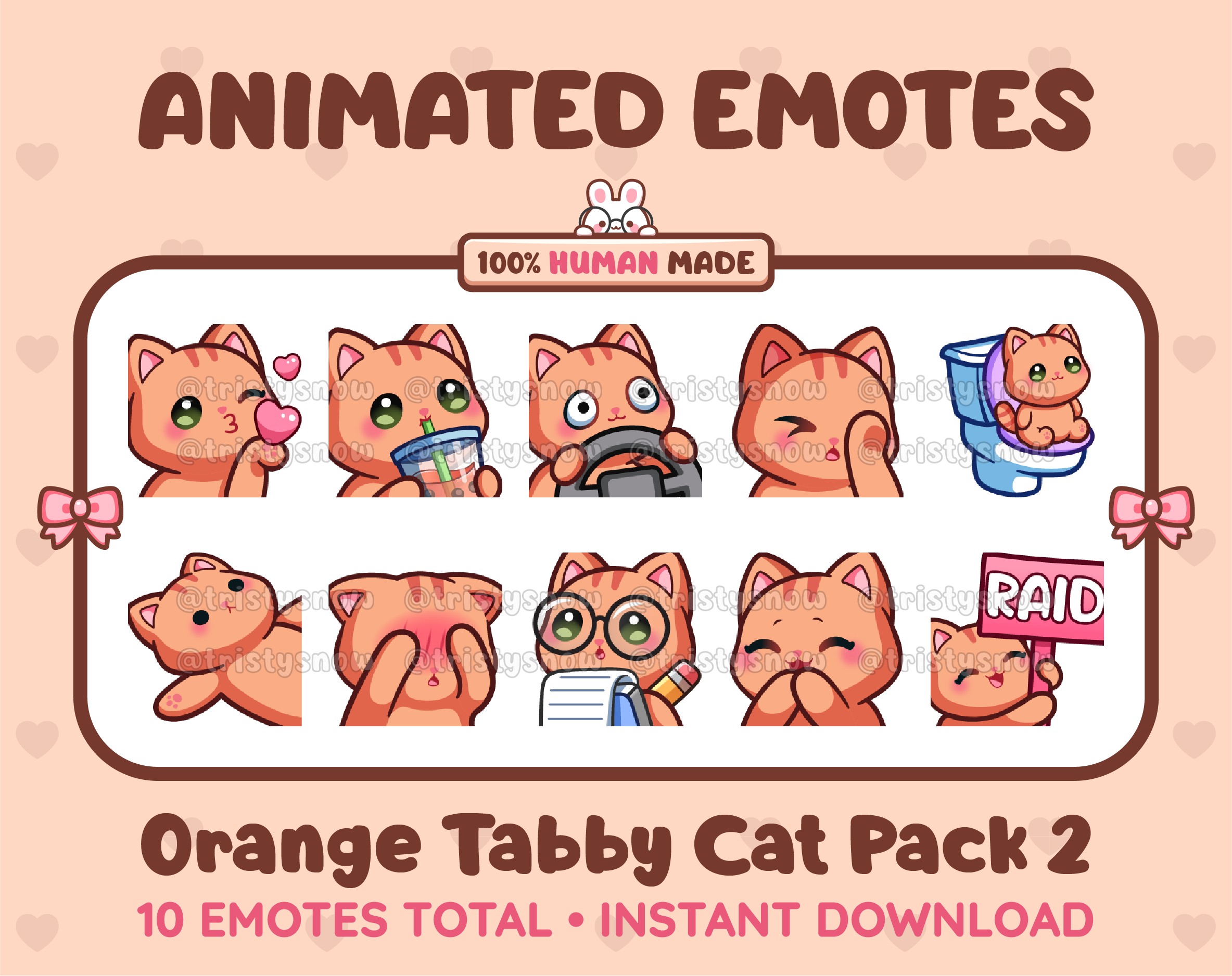 Orange Tabby Cat animated Twitch emote pack featuring 10 emotes including kiss, facepalm, shy, and raid.