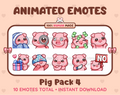 Pig animated Twitch emote pack featuring 10 emotes including cozy, sus, panic, and shrug.