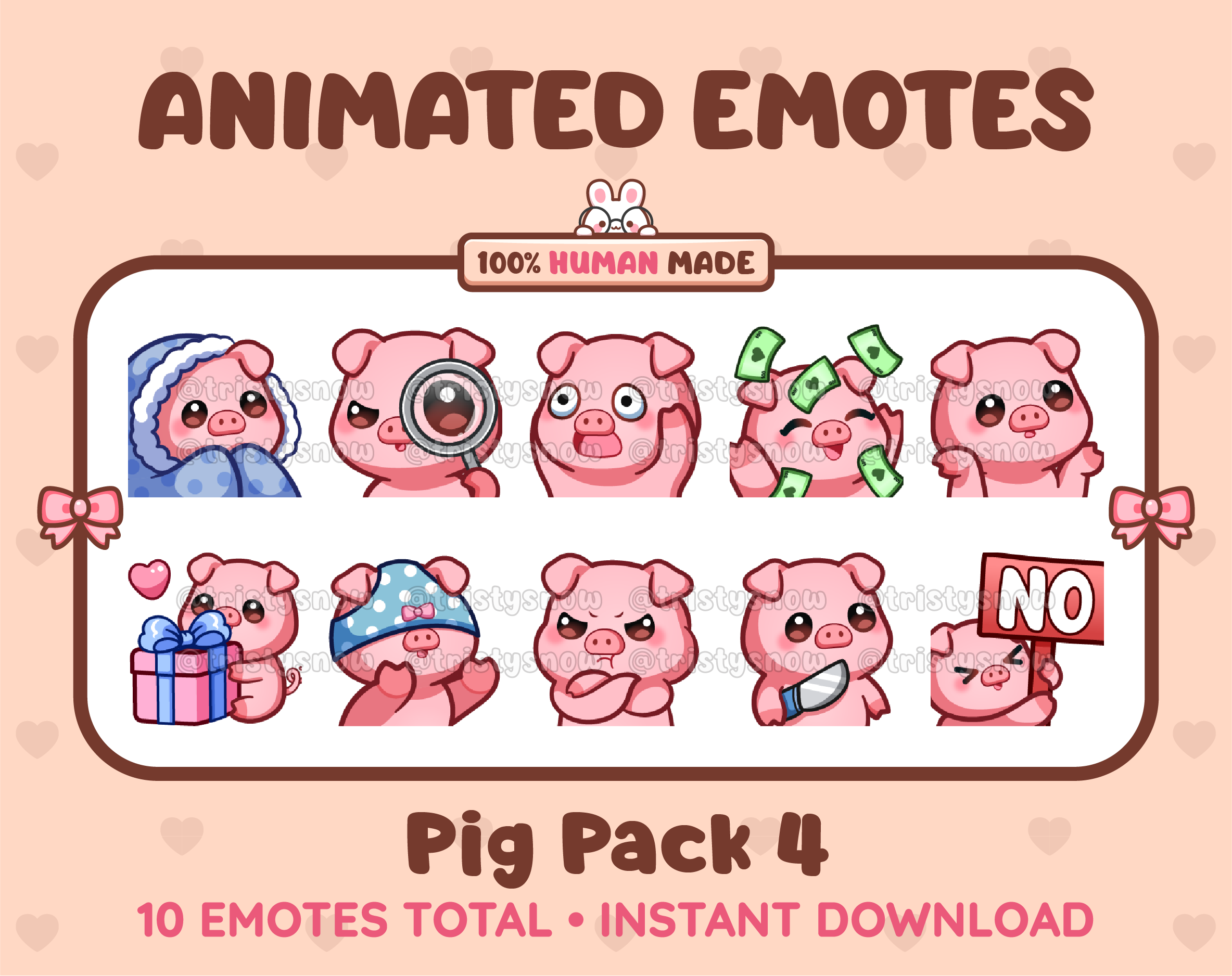 Pig animated Twitch emote pack featuring 10 emotes including cozy, sus, panic, and shrug.