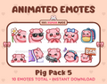 Pig animated Twitch emote pack featuring 10 emotes including flower, cool, plead, and lurk.