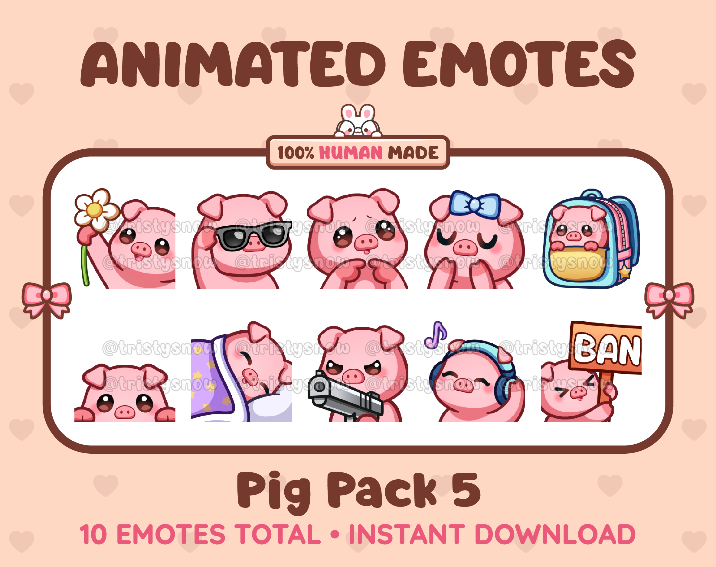 Pig animated Twitch emote pack featuring 10 emotes including flower, cool, plead, and lurk.