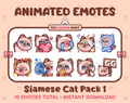 Siamese Cat animated Twitch emote pack featuring 10 emotes including GG, angry, cry, and hype.