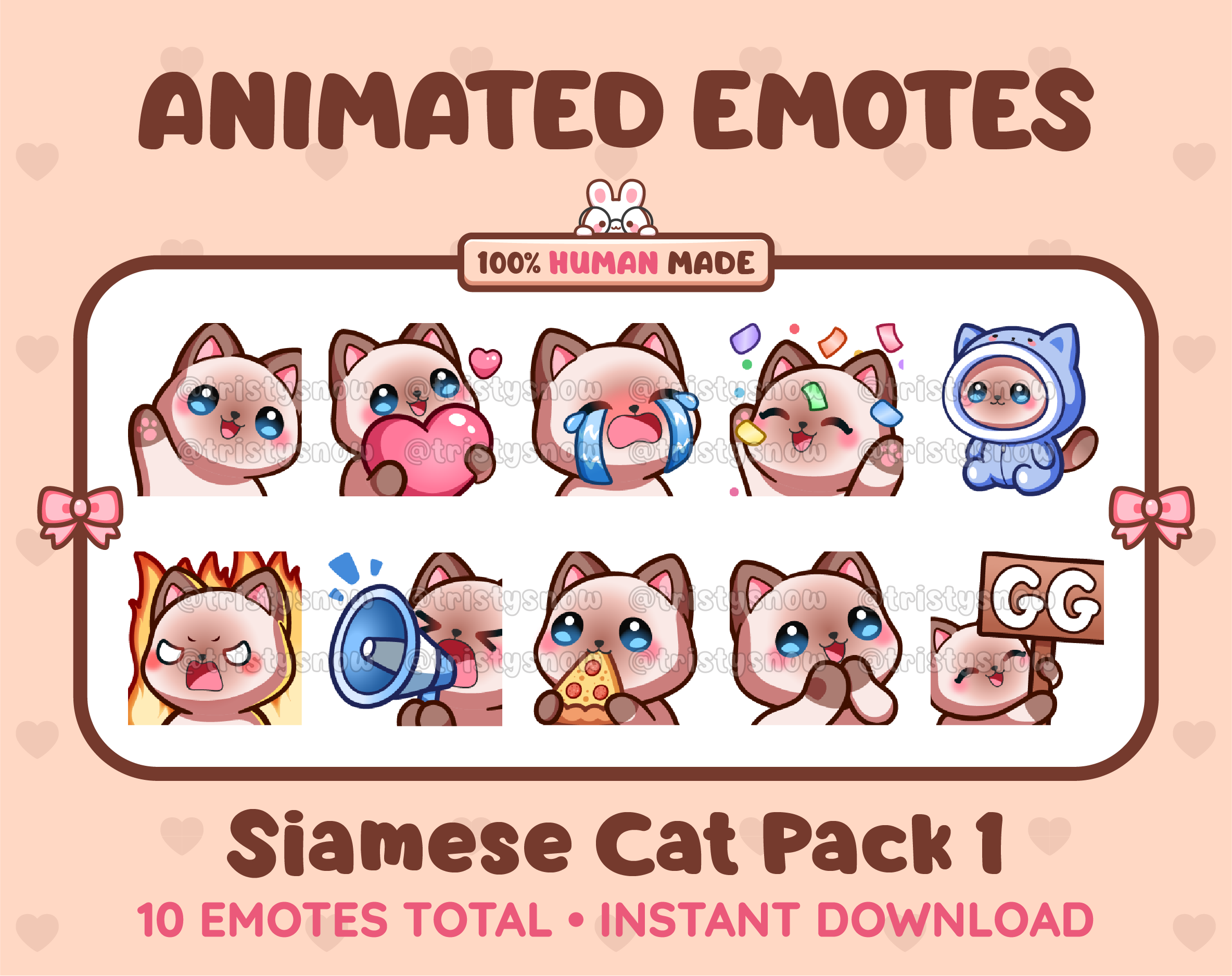 Siamese Cat animated Twitch emote pack featuring 10 emotes including GG, angry, cry, and hype.
