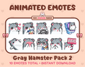 Gray Hamster animated Twitch emote pack featuring 10 emotes including kiss, facepalm, shy, and raid.