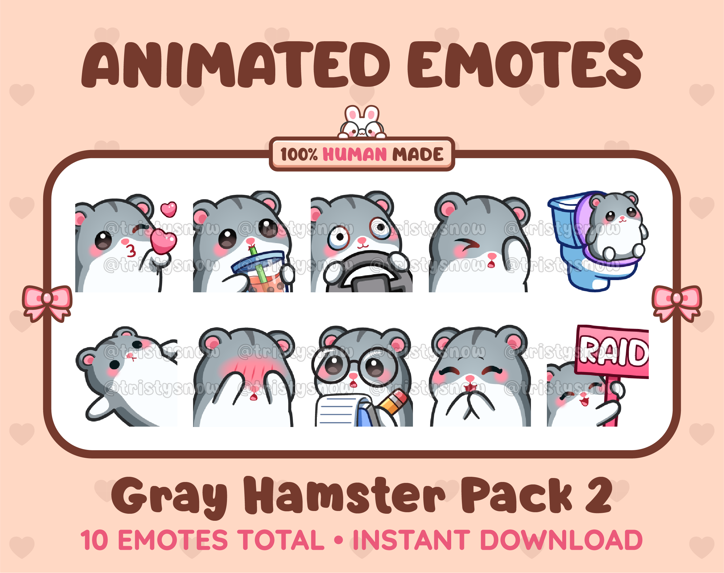 Gray Hamster animated Twitch emote pack featuring 10 emotes including kiss, facepalm, shy, and raid.