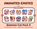 Siamese Cat animated Twitch emote pack featuring 10 emotes including hug, scared, bonk, and popcorn.