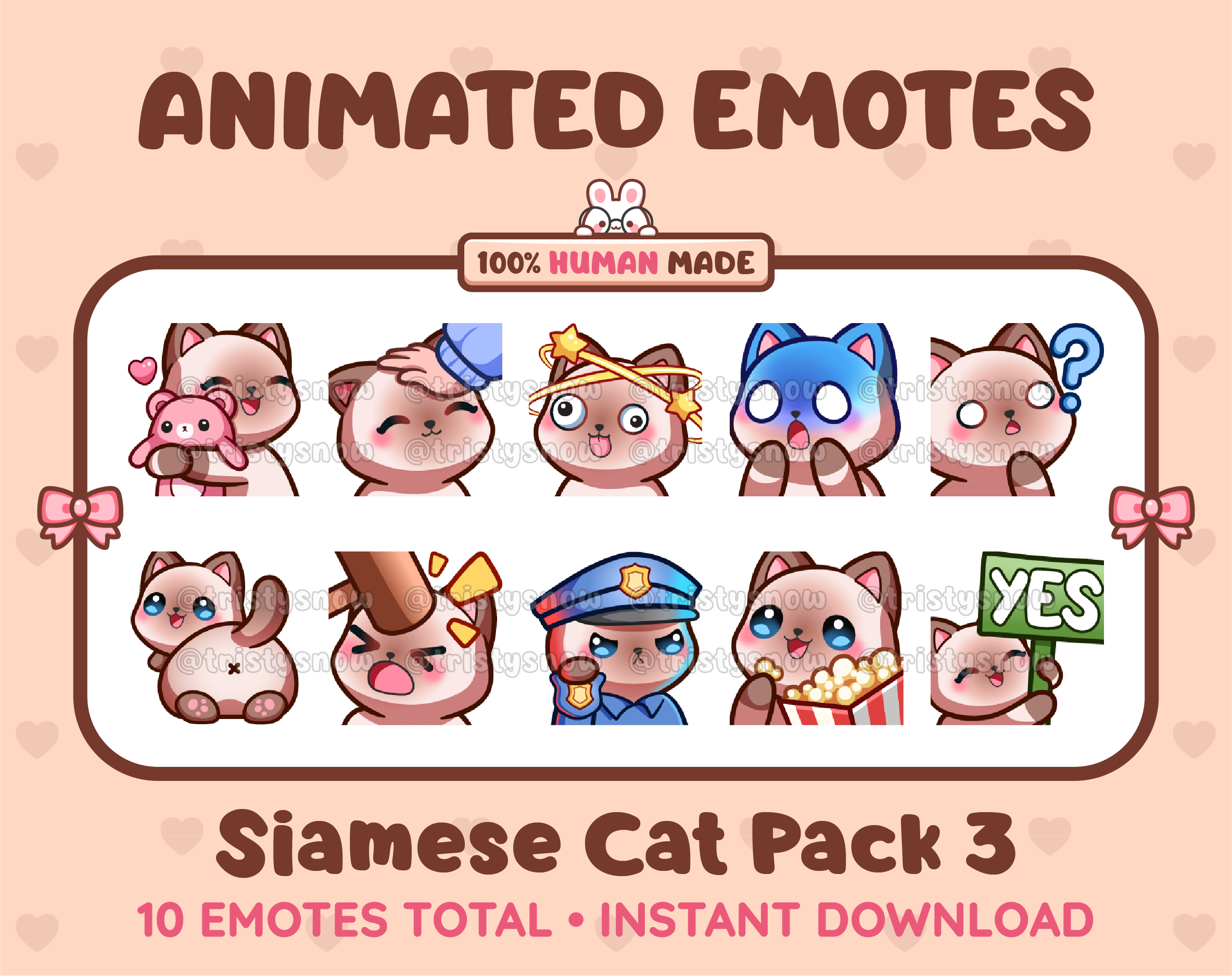 Siamese Cat animated Twitch emote pack featuring 10 emotes including hug, scared, bonk, and popcorn.